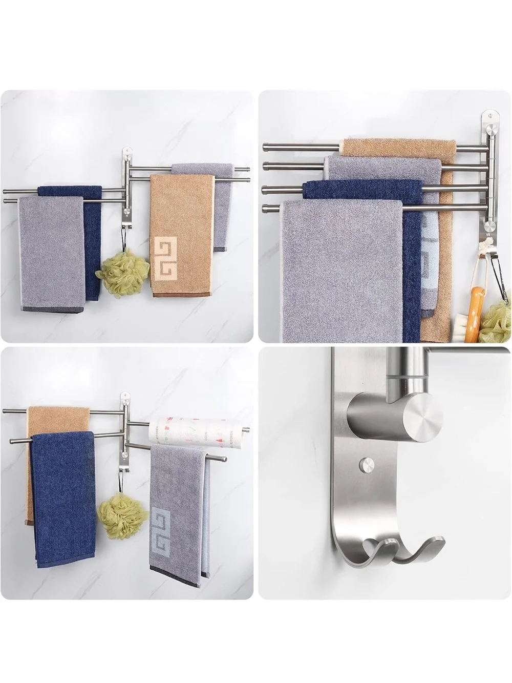 Stainless Steel 4-Arm Swivel Towel Rack with Hooks - Brushed Nickel